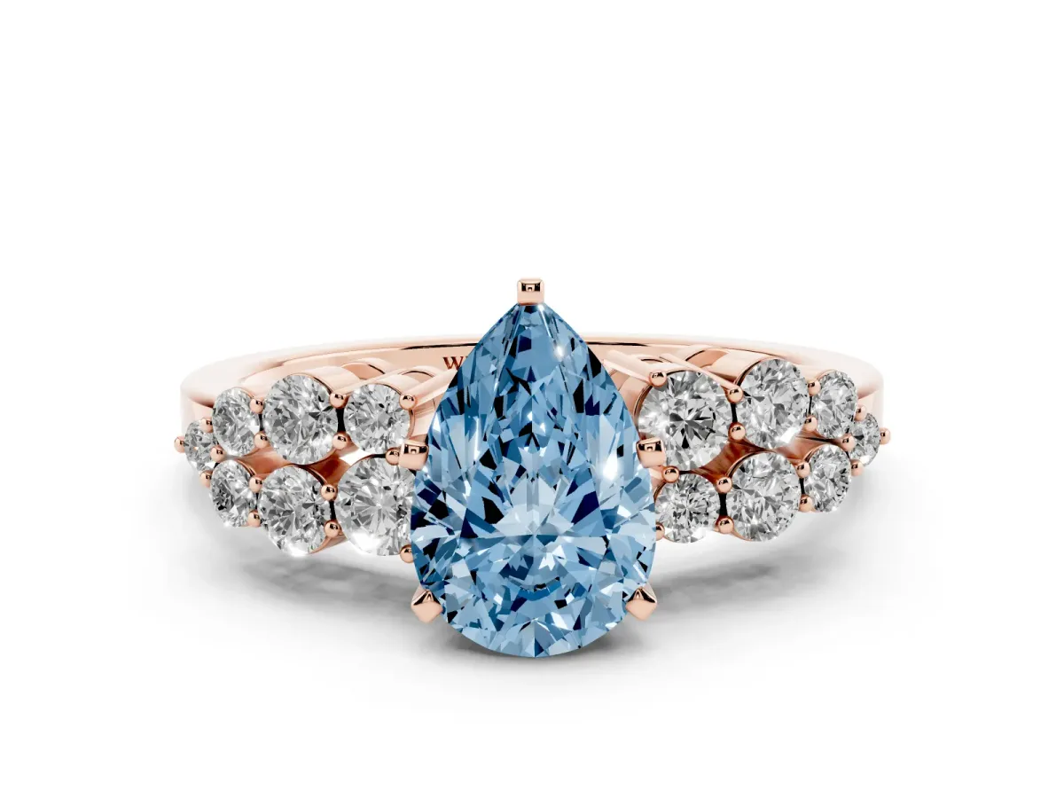 Fancy Blue Pear Cut Cluster Diamond Engagement Ring with Pavé Band and Four-Prong Setting Rose gold