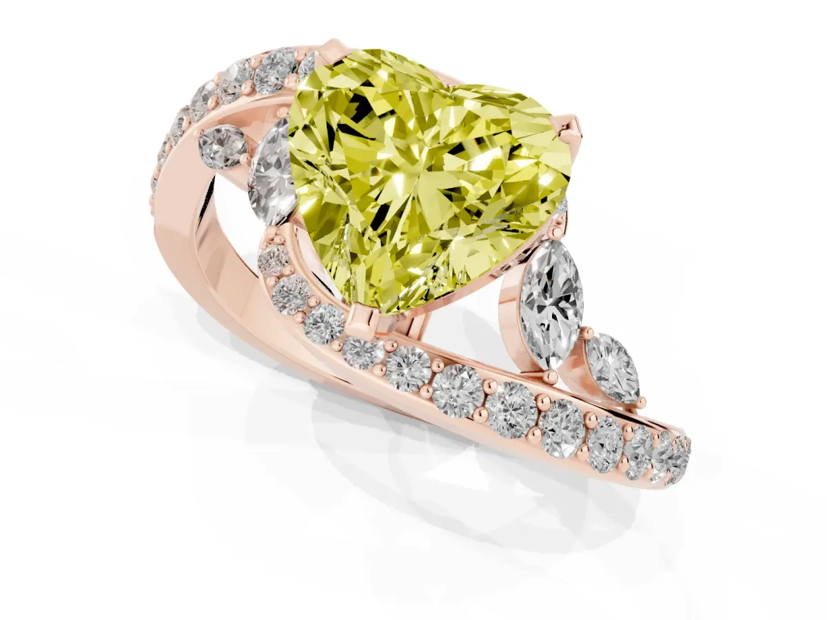 Fancy Yellow Heart Cut Solitaire with Pavé Twist Band and Four-Prong Setting Rose gold