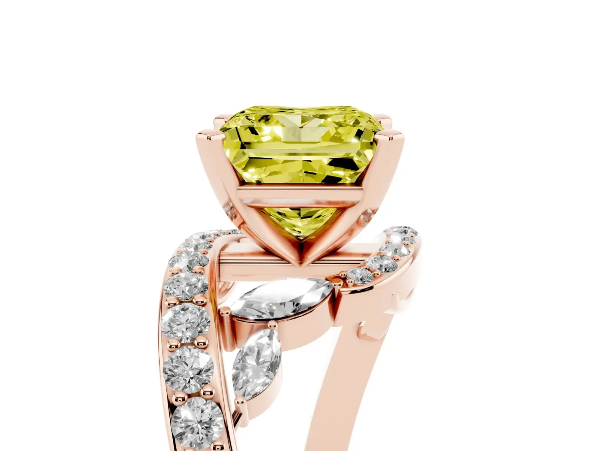 Fancy Yellow Princess Cut Solitaire with Pavé Twist Band and Four-Prong Setting Rose gold