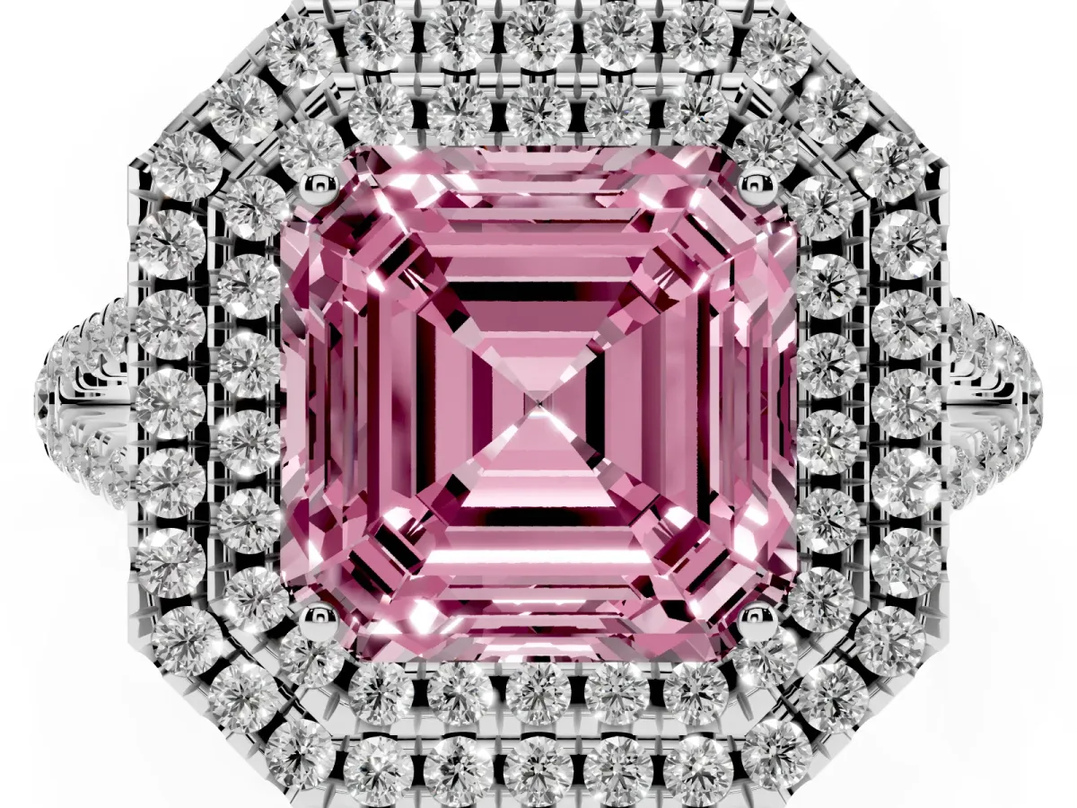 Fancy Pink Asscher Cut Diamond Double Halo Ring with Pavé Band and Prong Setting Platinum