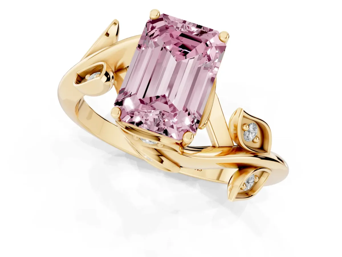 Fancy Pink Emerald Cut Solitaire Twist Engagement Ring with Leaf Accents and Prong Setting Yellow gold