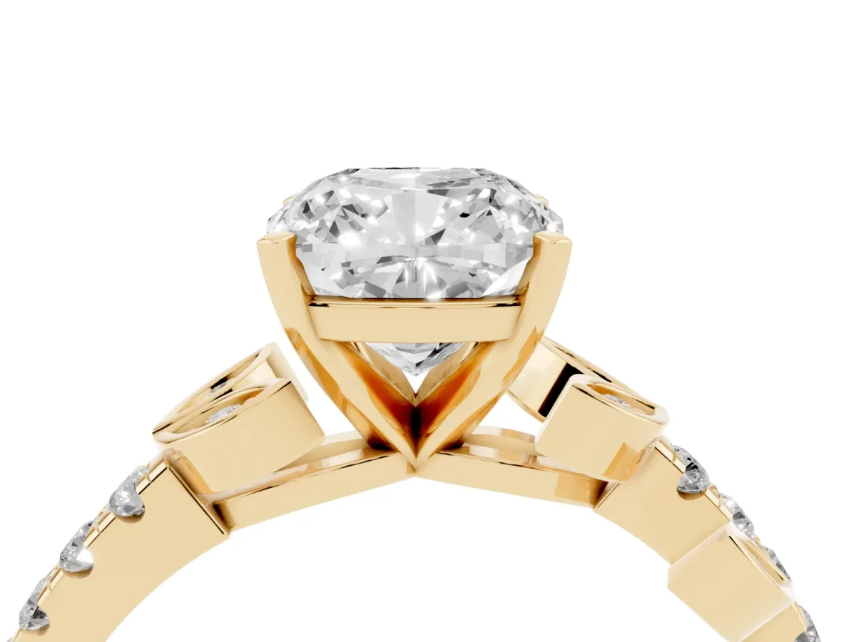 Cushion Cut Solitaire Leaf-Inspired Diamond Ring with Pavé Band and Four-Prong Setting Yellow gold