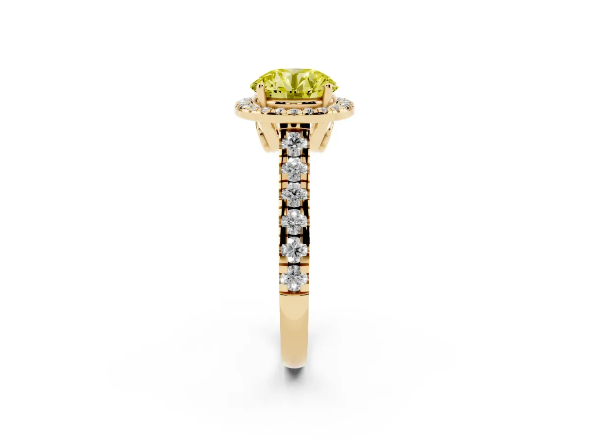 Fancy Yellow Round Cut Halo Pavé Diamond Engagement Ring with Four-Prong Setting Yellow gold