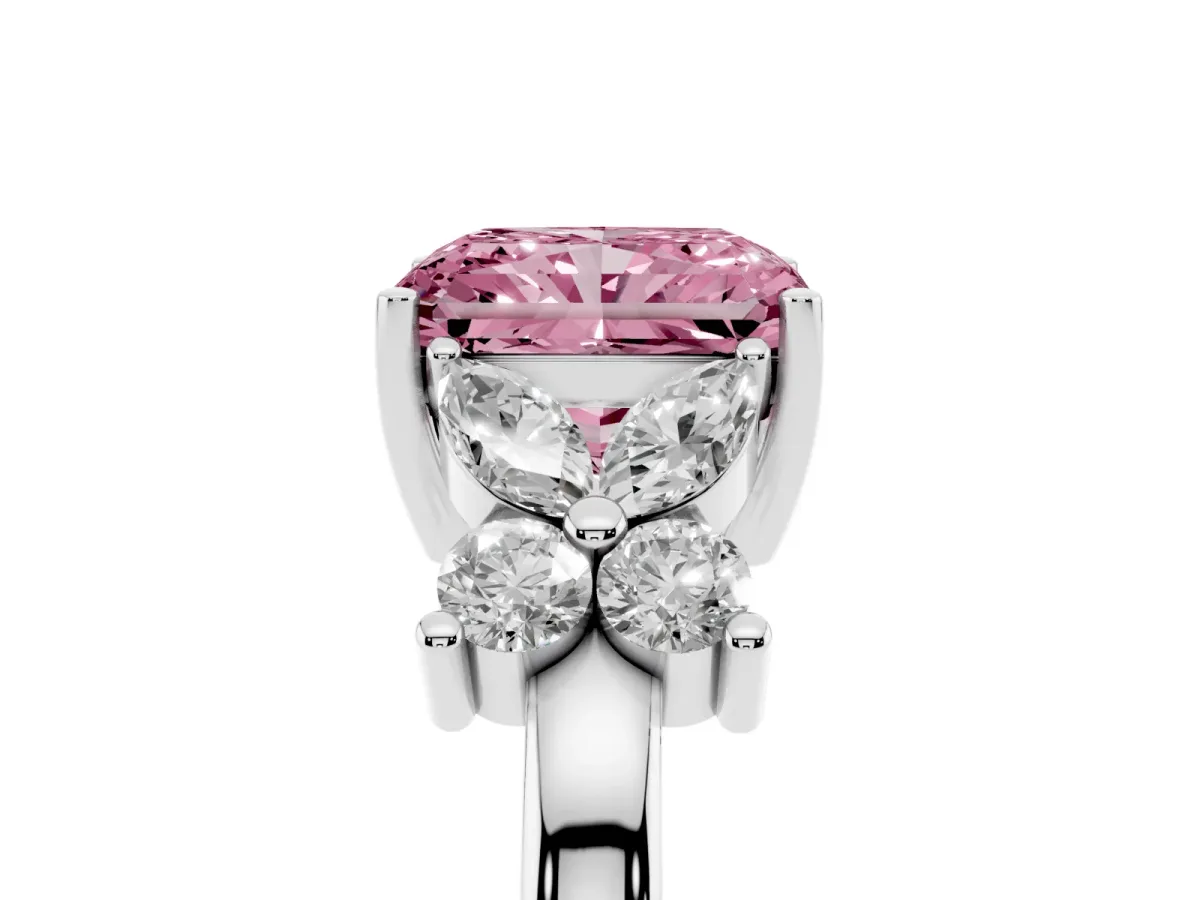 Fancy Pink Radiant Cut Diamond Floral Cluster Ring with Solitaire Band and Prong Setting Platinum