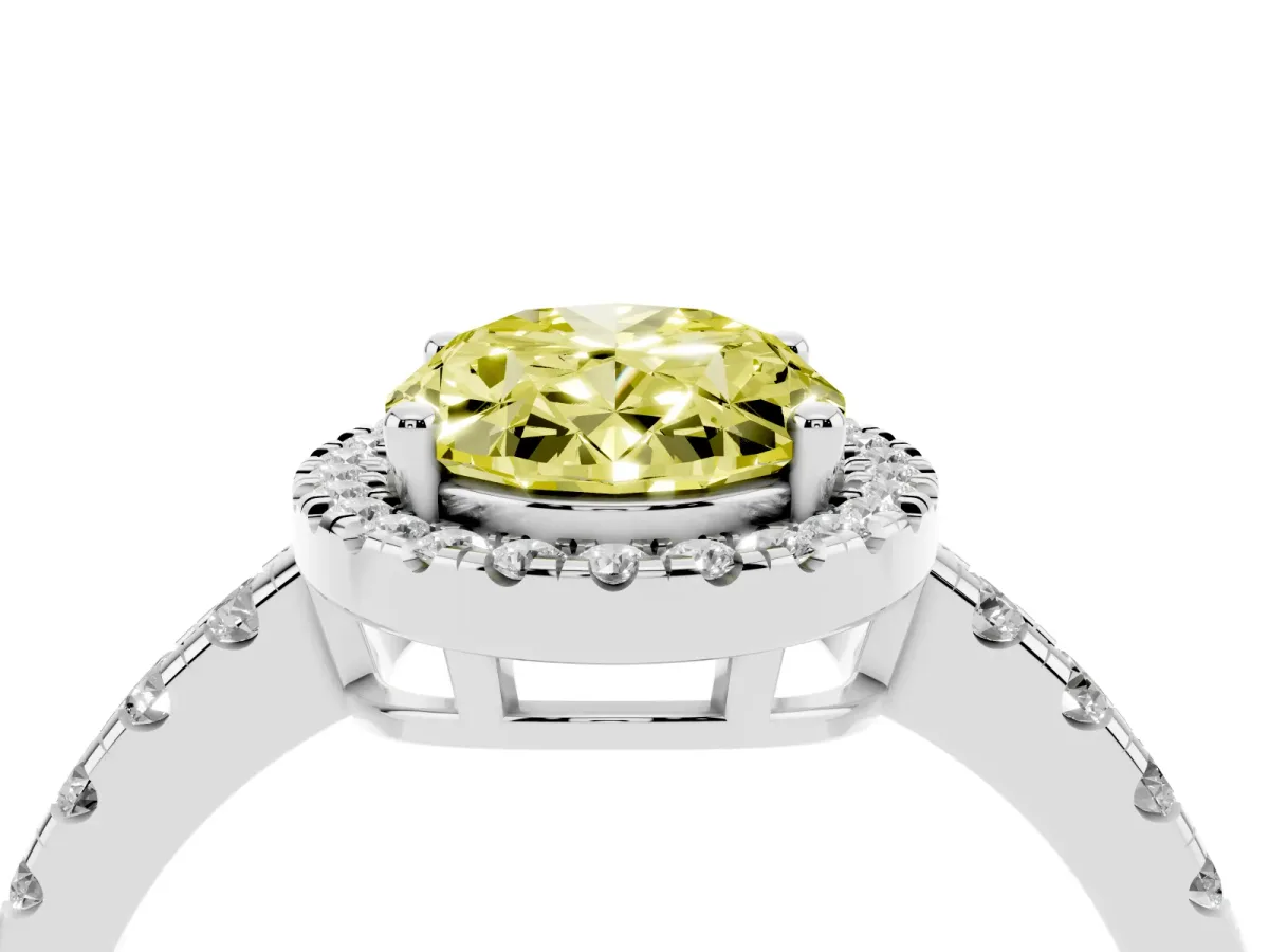 Fancy Yellow Oval Cut Diamond Halo Ring with Pavé Band and Four-Prong Setting White gold