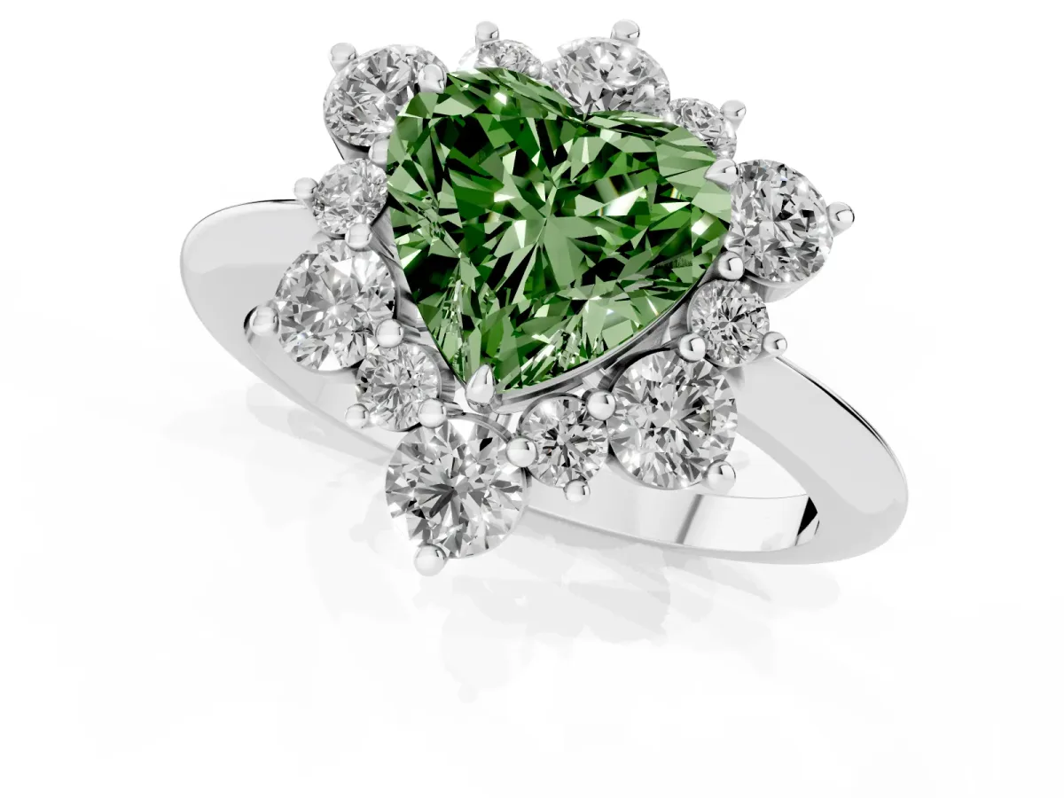Fancy Green Heart Cut Diamond Cluster Halo Ring with Solitaire Band and Four-Prong Setting Platinum