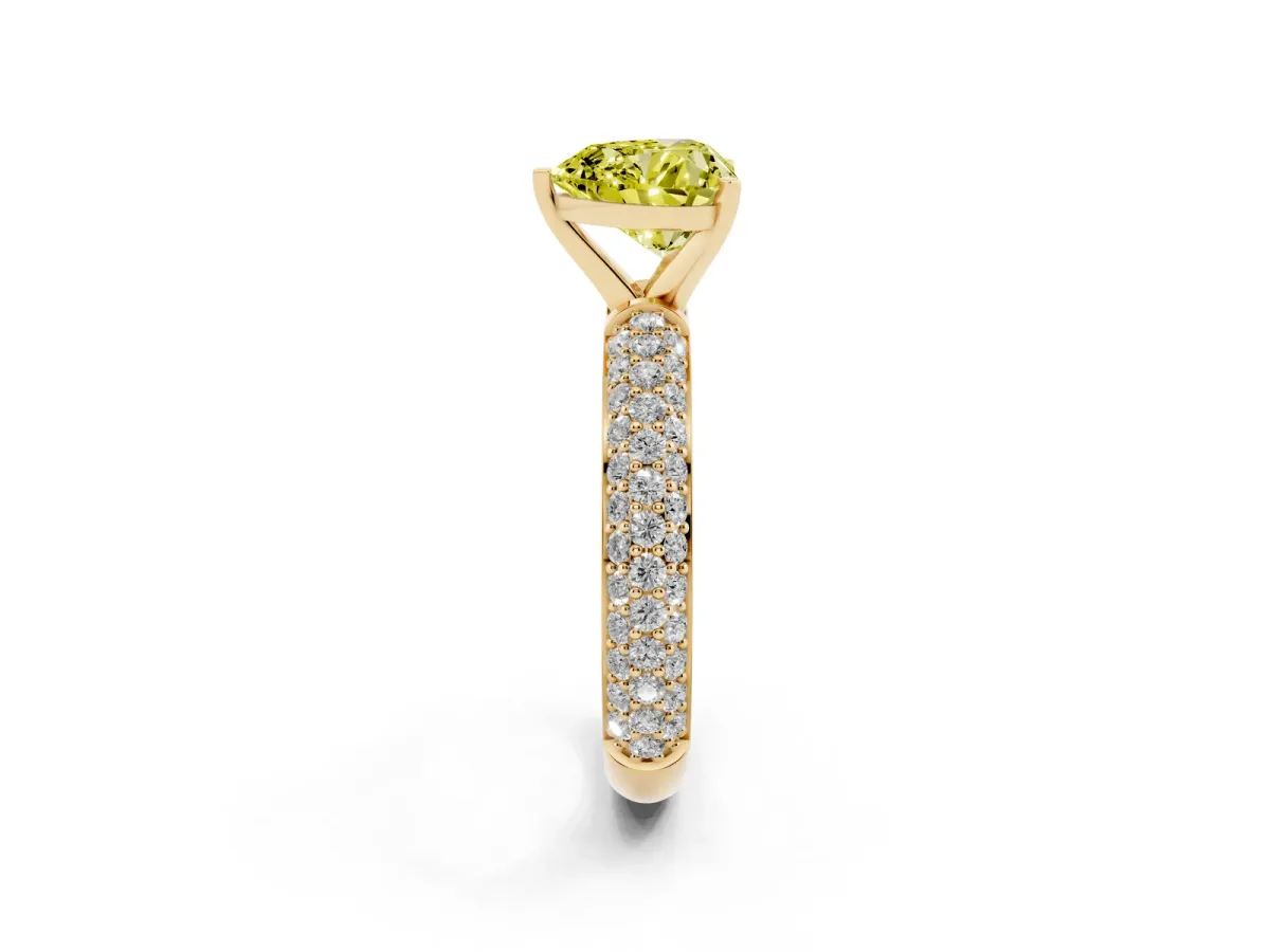 Fancy Yellow Heart Cut Diamond Solitaire Ring with Prong Setting and Pavé Band Yellow gold