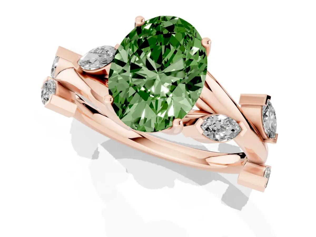 Fancy Green Oval Cut Solitaire Twisted Band Marquise Accent Prong Setting Ring Rose gold