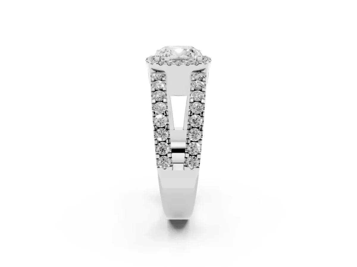 Cushion Cut Cut Halo Split Shank Diamond Ring with Four-Prong Setting White gold