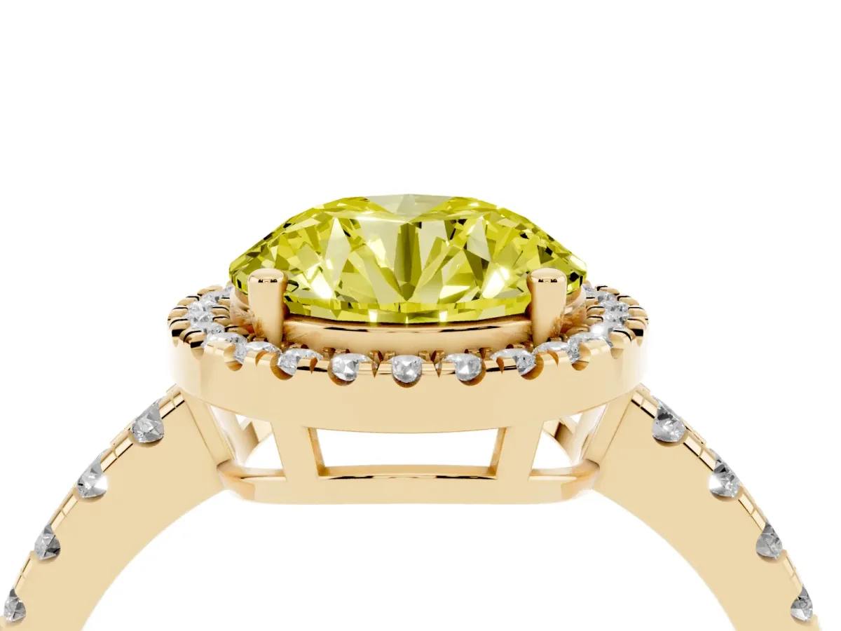 Fancy Yellow Round Cut Diamond Halo Ring with Pavé Band and Four-Prong Setting Yellow gold