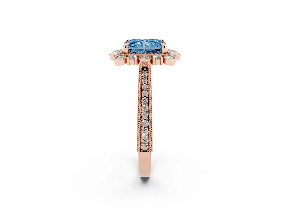 Fancy Blue Radiant Cut Halo Milgrain Pave Diamond Ring with Four-Prong Setting Rose gold