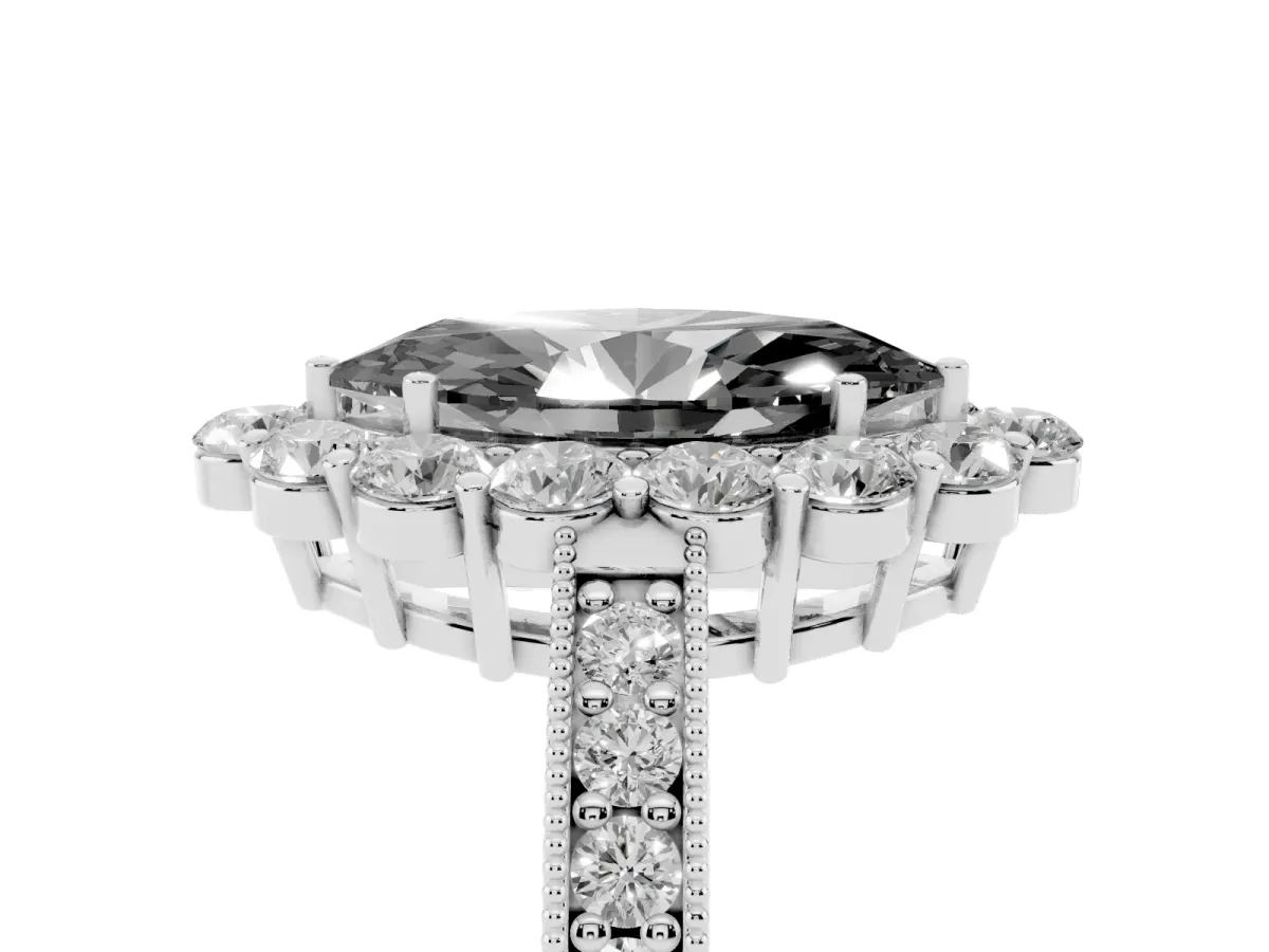 Fancy Black Marquise Cut Cut Halo Diamond Pavé Engagement Ring with Milgrain Detailing Silver