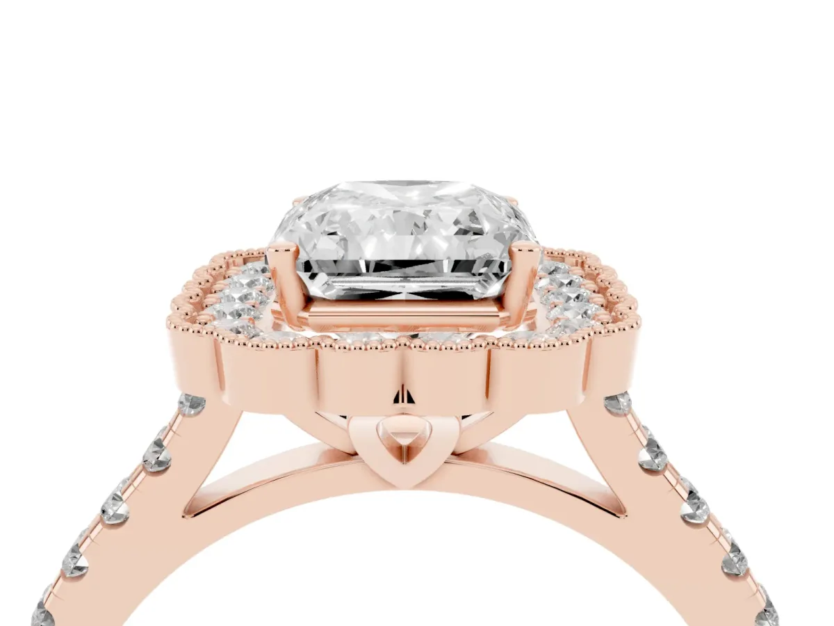 Radiant Cut Cut Diamond Milgrain Floral Halo Engagement Ring with Pavé Band Rose gold