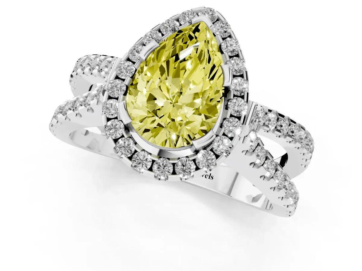 Fancy Yellow Pear Cut Diamond Halo Ring with Split Shank Pavé Band and Prong Setting Silver