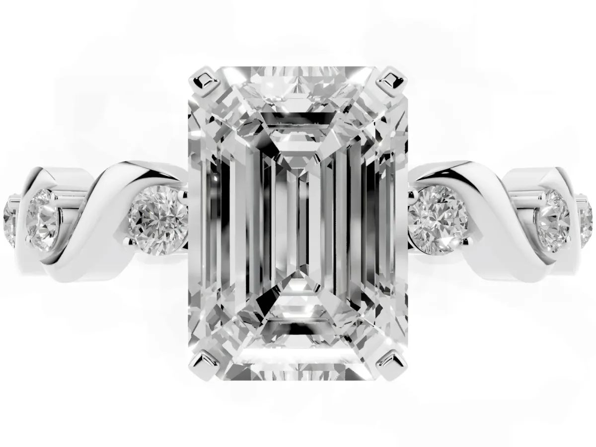 Emerald Cut Diamond Solitaire Twisted Band with Round Accents and Prong Setting Silver