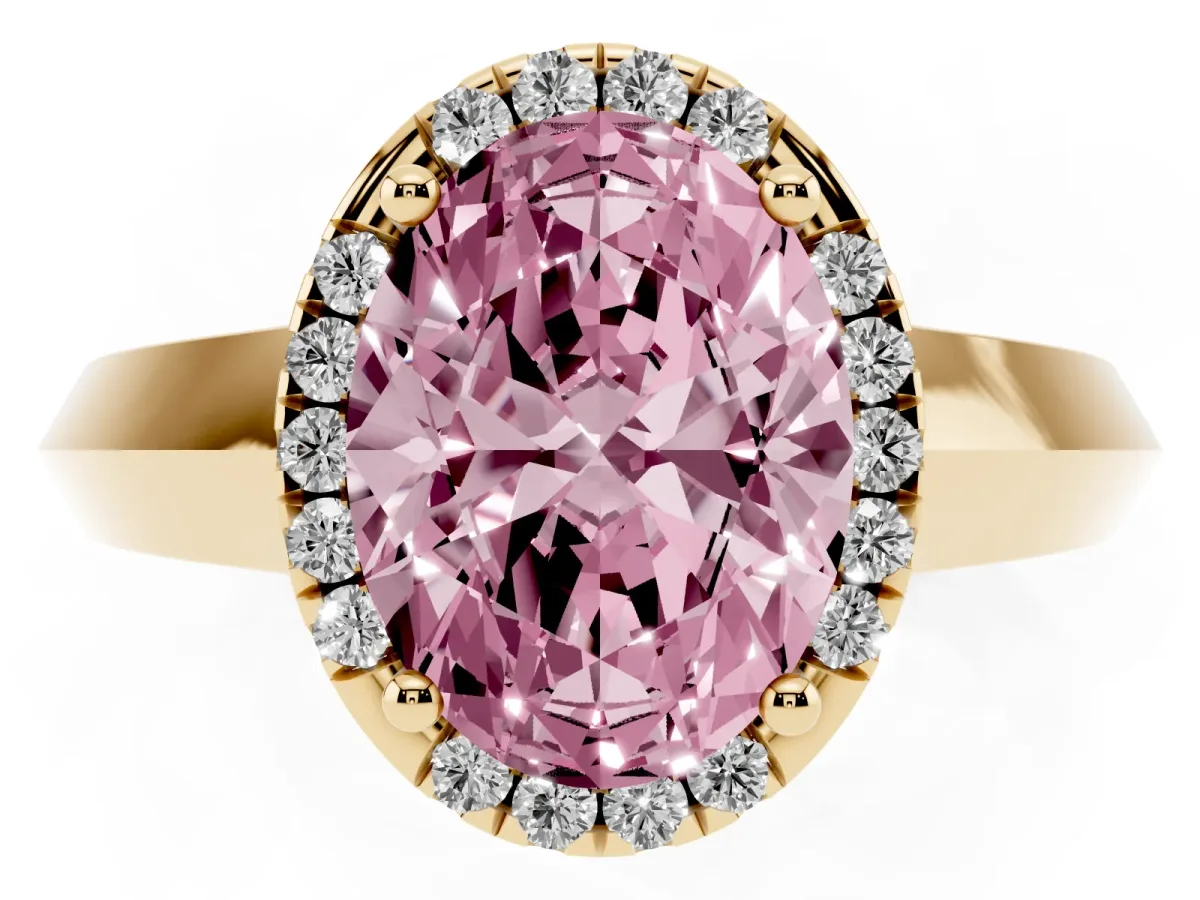 Fancy Pink Oval Cut Halo Diamond Ring with Cathedral Band and Four-Prong Setting Yellow gold