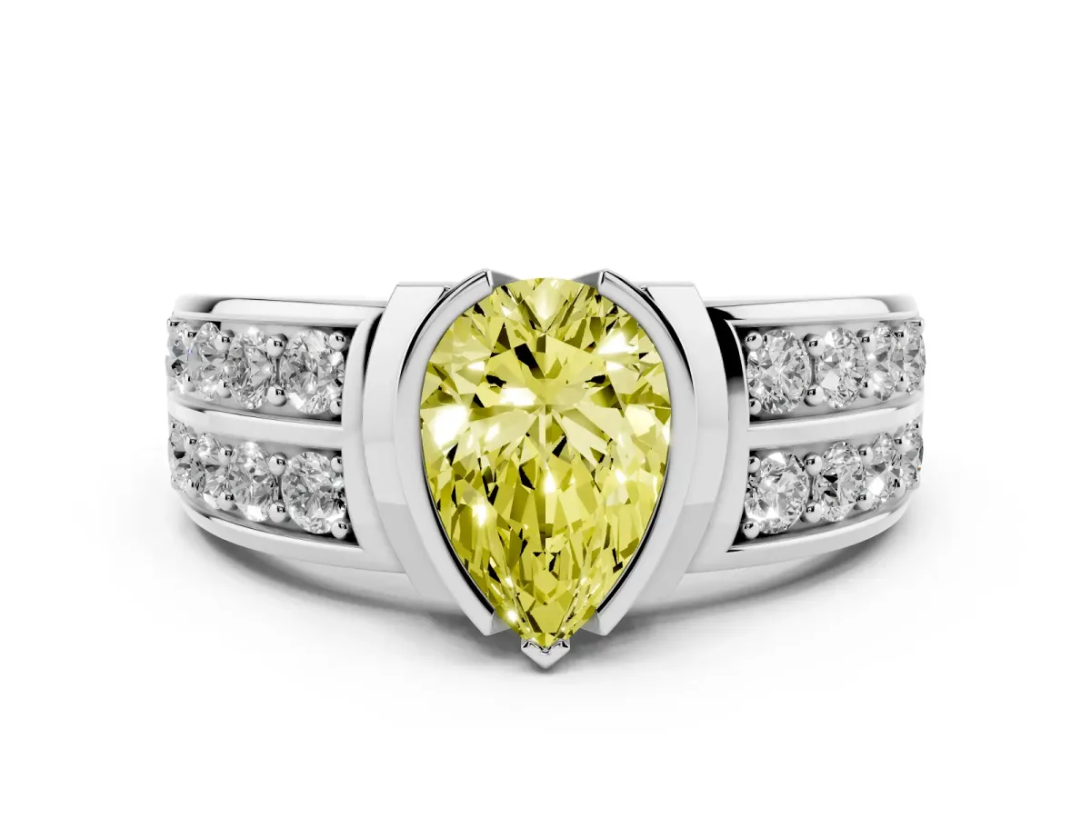 Fancy Yellow Pear Cut Brilliant Diamond Channel Set Wide Band Ring with Bezel Setting Platinum