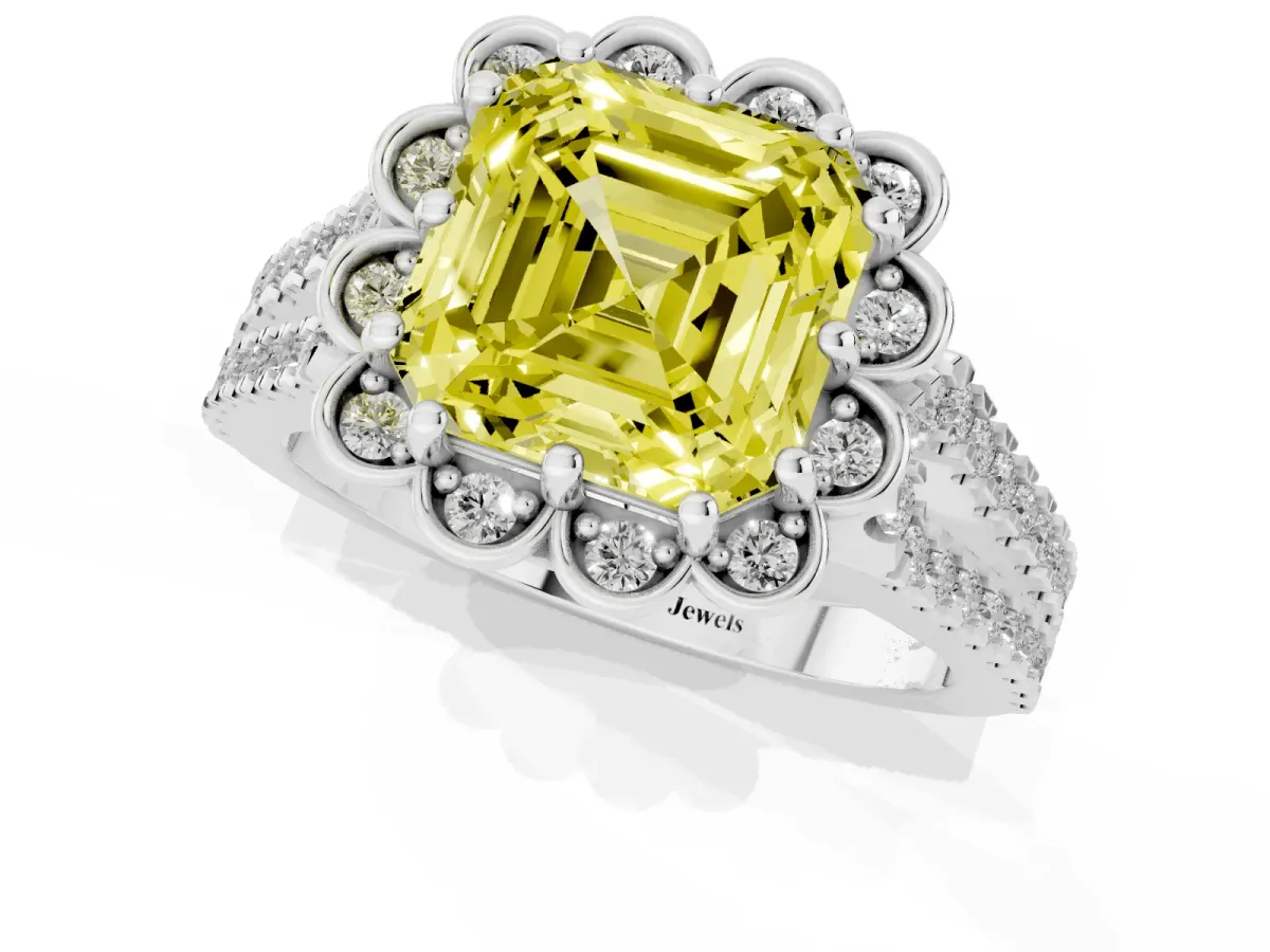 Fancy Yellow Asscher Cut Halo Diamond Floral Split Shank Engagement Ring Silver