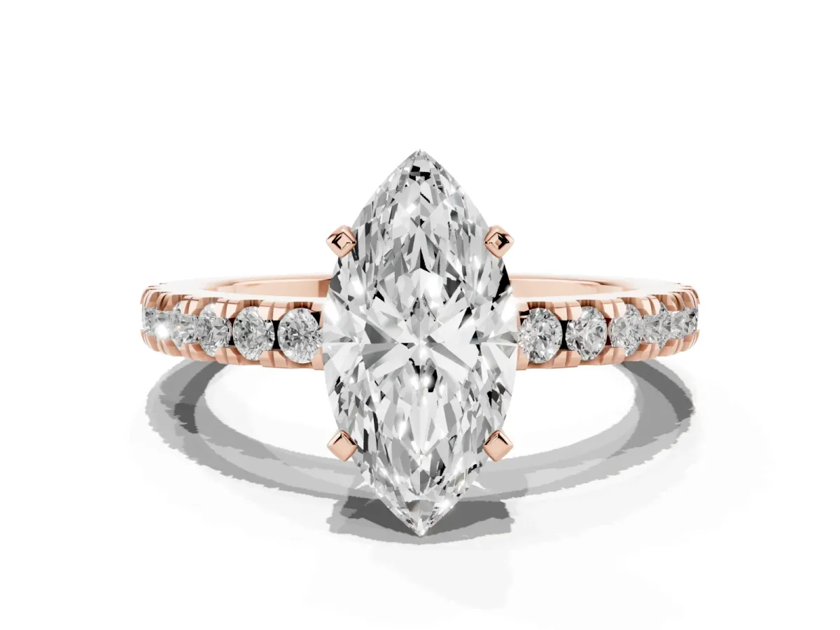 Marquise Cut Solitaire Diamond with Pavé Band and Four-Prong Setting Rose gold