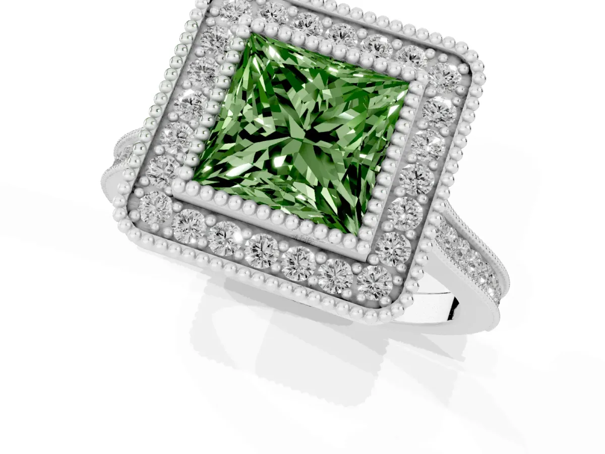 Fancy Green Princess Cut Diamond Halo Ring with Milgrain Frame and Pavé Band Platinum