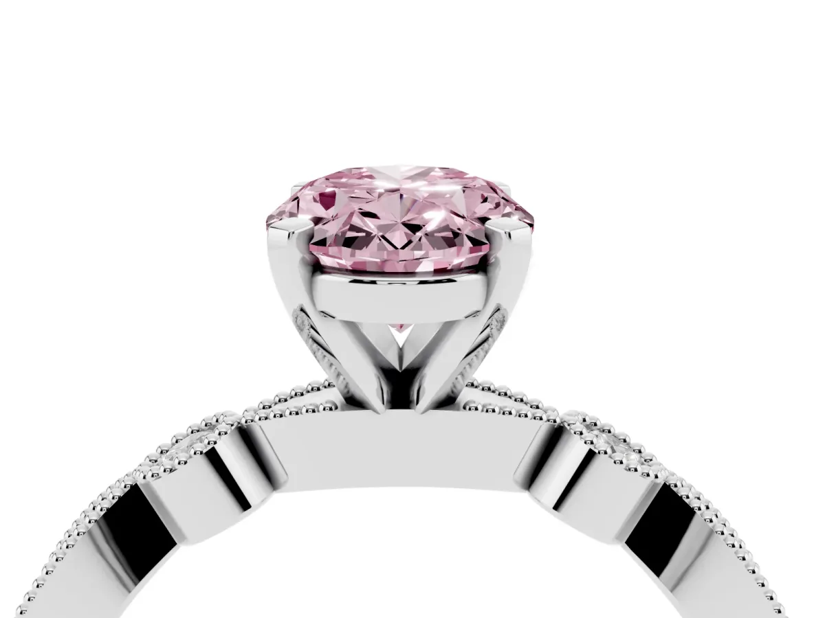 Fancy Pink Oval Cut Milgrain Bezel Diamond Engagement Ring with Solitaire Prong Setting Platinum