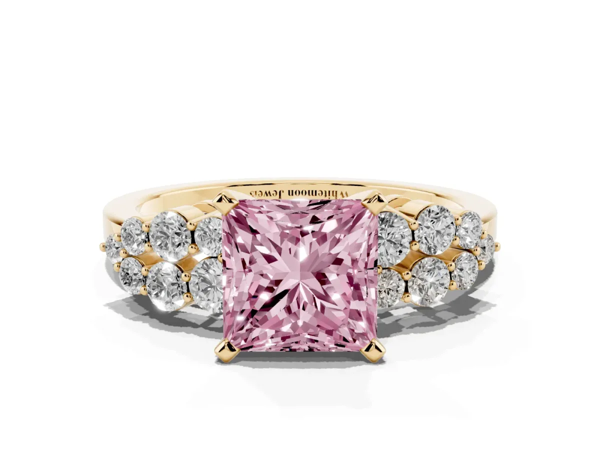 Fancy Pink Princess Cut Cluster Diamond Engagement Ring with Pavé Band and Four-Prong Setting Yellow gold