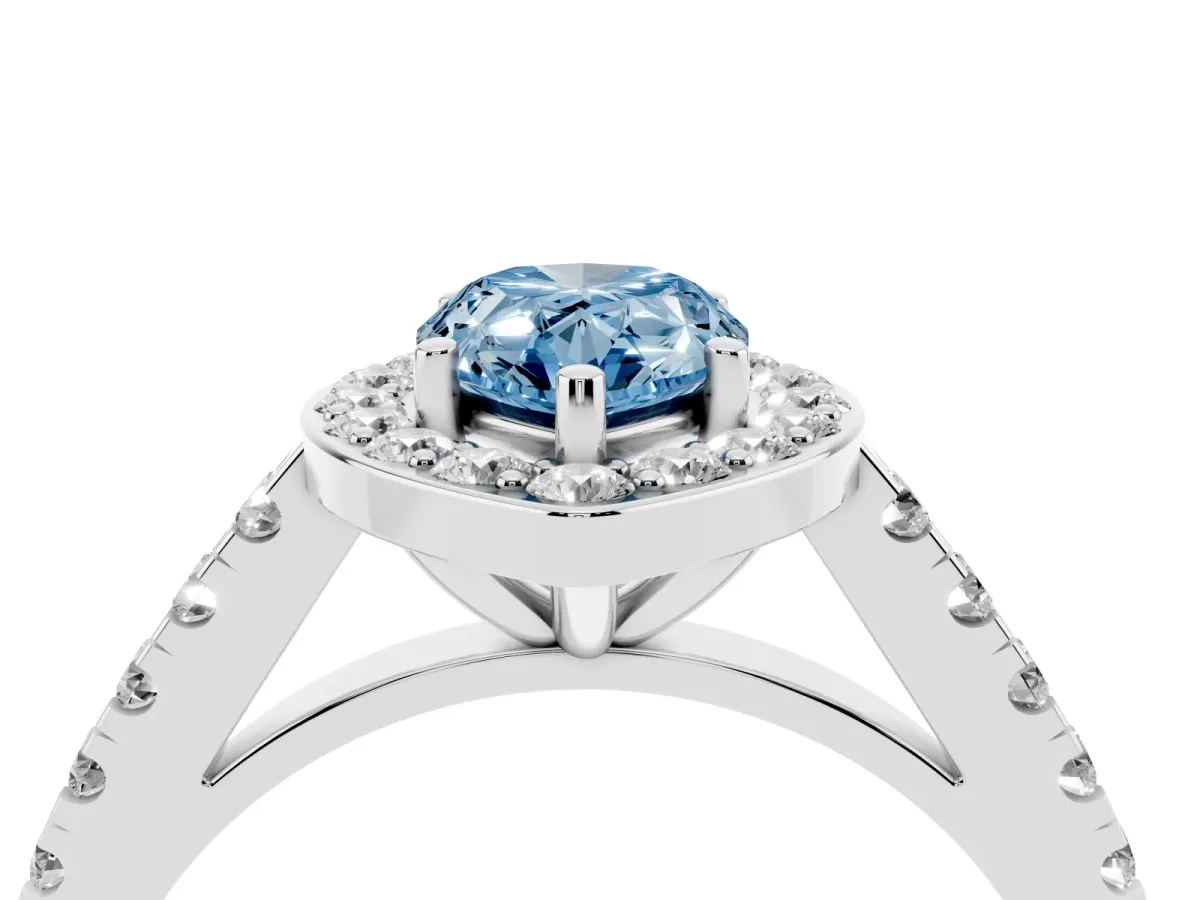 Fancy Blue Pear Cut Diamond Halo Ring with Round Pavé Split Shank and Prong Setting Platinum