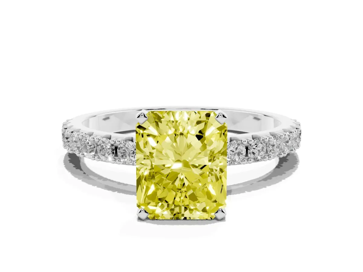 Fancy Yellow Radiant Cut Diamond Solitaire Pavé Band with Four-Prong Setting Silver