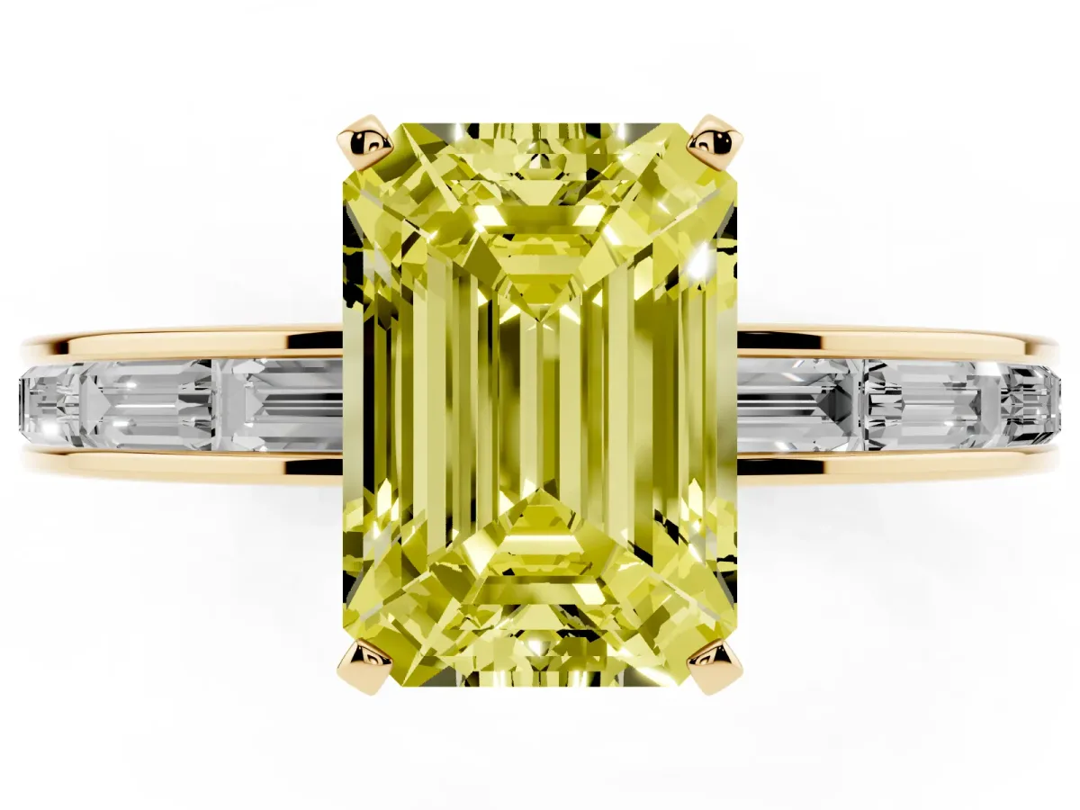 Fancy Yellow Emerald Cut Solitaire Diamond Ring with Channel-Set Baguette Band and Four-Prong Setting Yellow gold