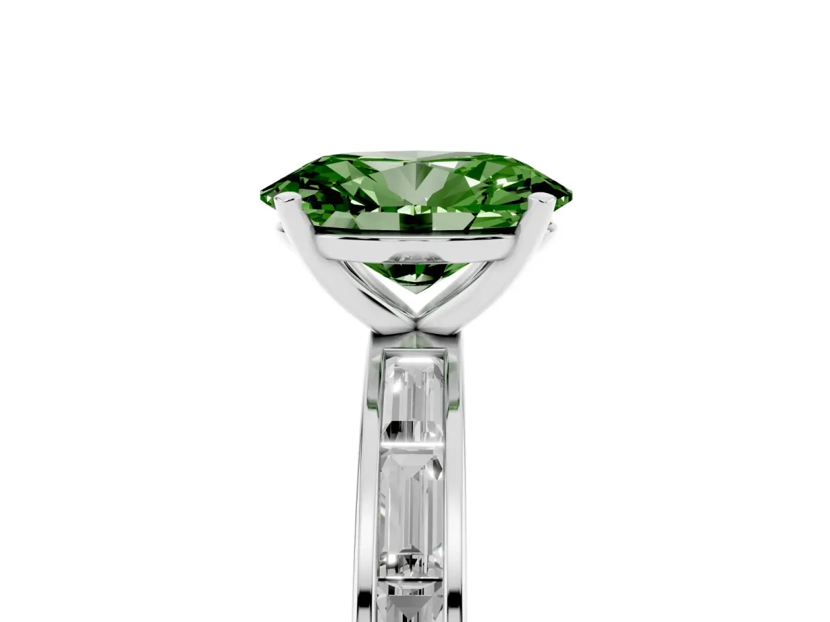 Fancy Green Oval Cut Solitaire Diamond Ring with Channel-Set Baguette Band and Four-Prong Setting White gold