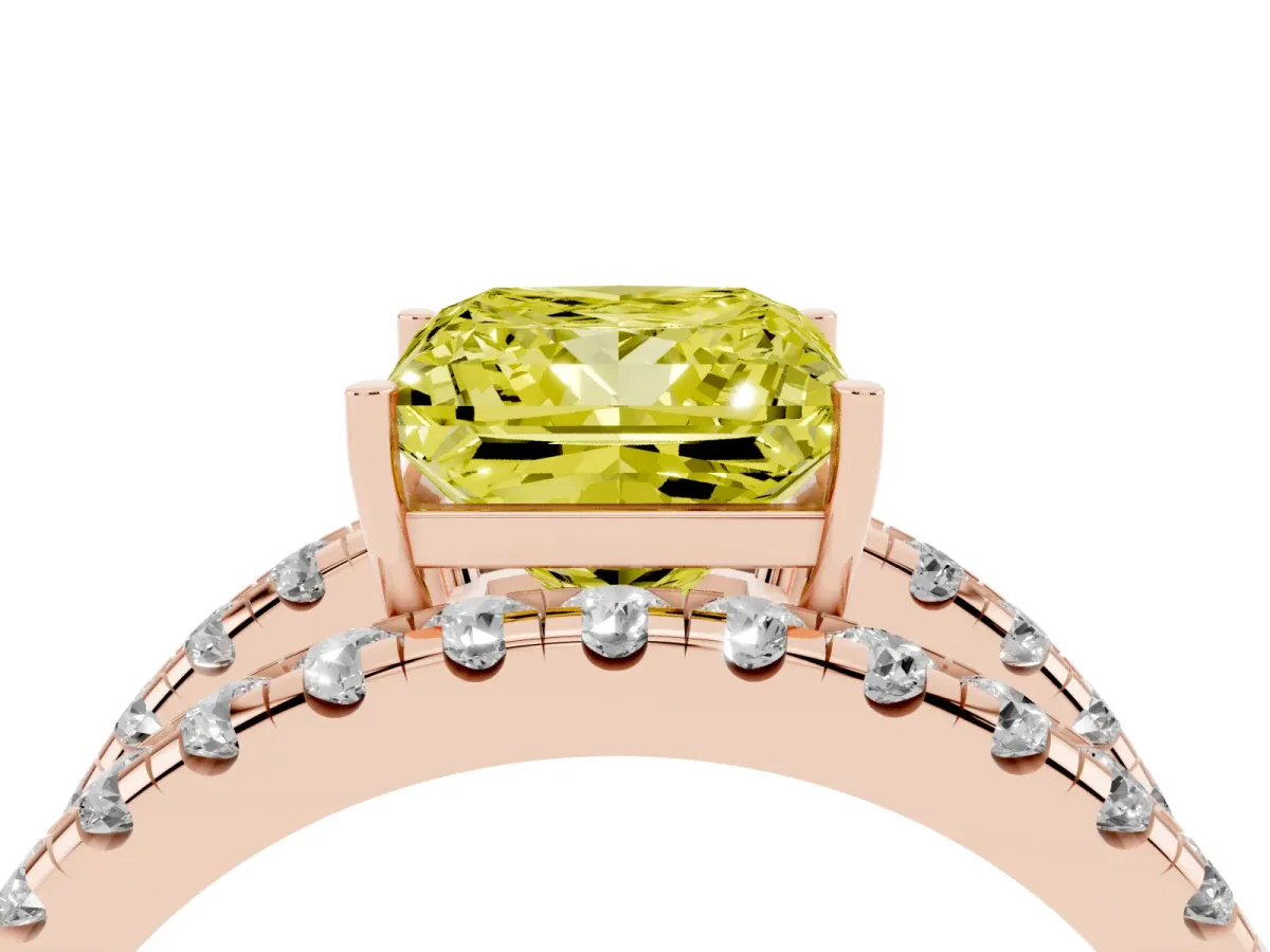 Fancy Yellow Princess Cut Solitaire Split Shank Pave Diamond Ring Rose gold