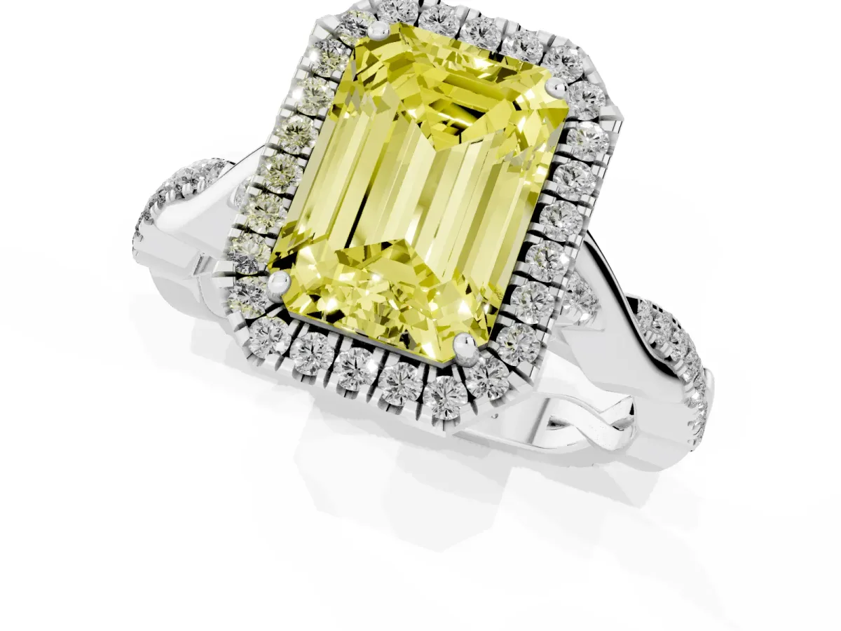 Fancy Yellow Emerald Cut Halo Twist Band Solitaire Ring Silver