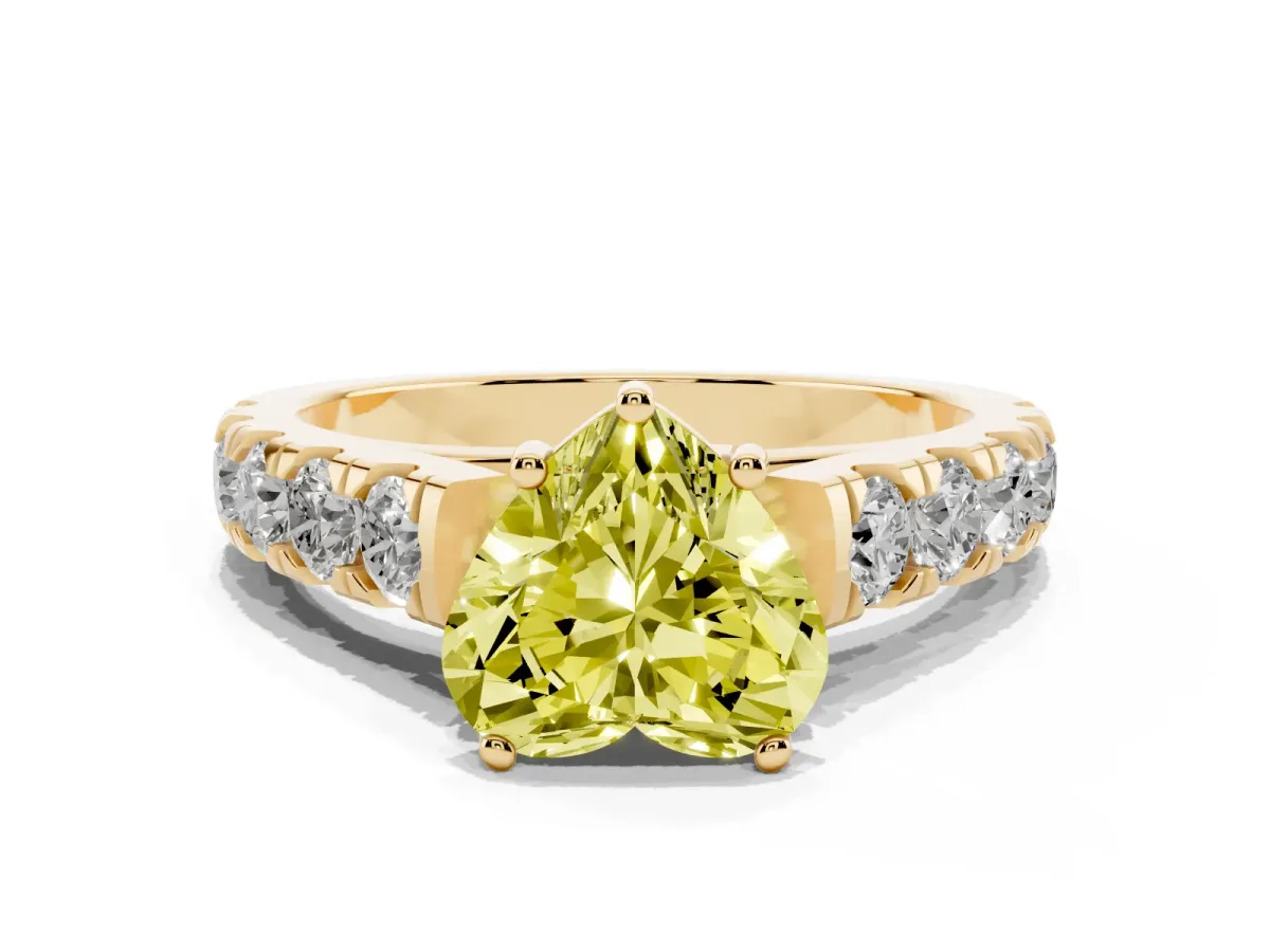 Fancy Yellow Heart Cut Cut Diamond Solitaire Ring with Micro Pave Band and Prong Setting Yellow gold