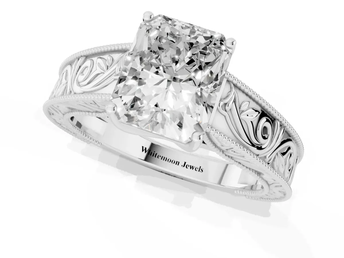 Radiant Cut Diamond Solitaire Ring with Engraved Band and Four-Prong Setting Platinum