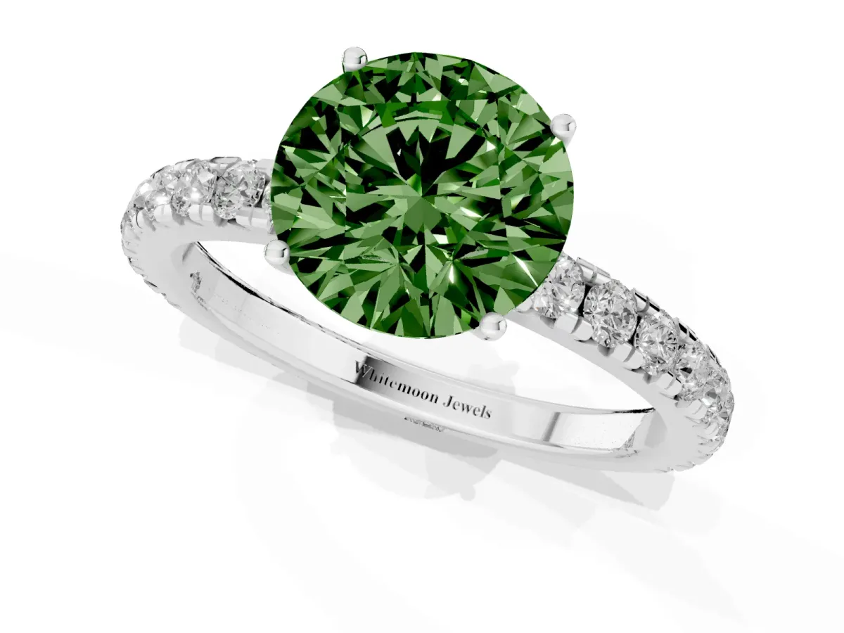 Fancy Green Round Cut Diamond Pavé Solitaire Engagement Ring with Four-Prong Setting Silver