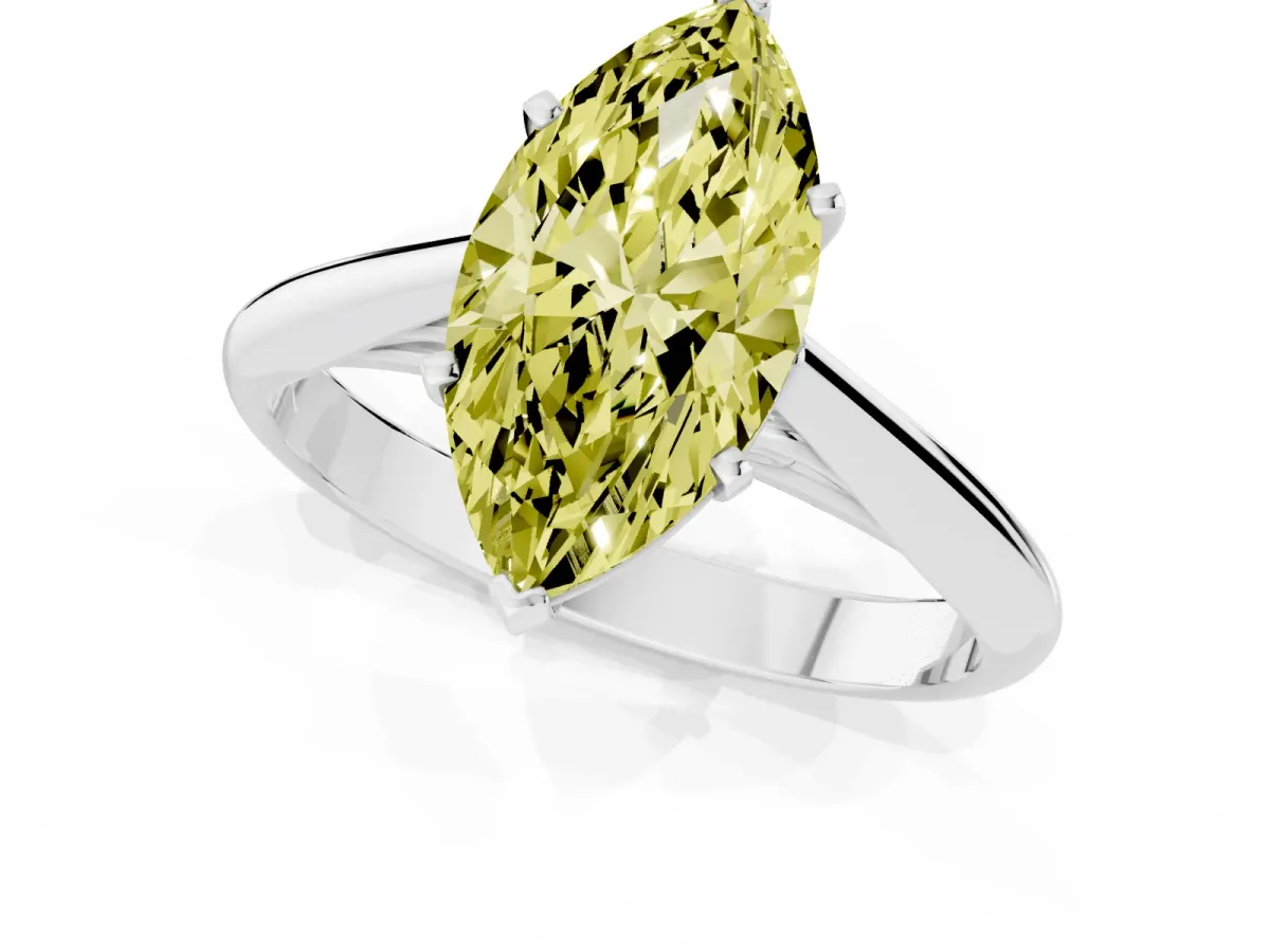 Fancy Yellow Marquise Cut Diamond Solitaire Engagement Ring with Cathedral Setting and Four-Prong Mount Platinum