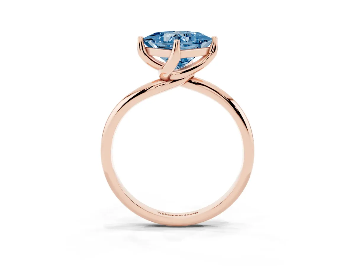 Fancy Blue Princess Cut Diamond Solitaire Engagement Ring with Four-Prong Setting and Classic Band Rose gold