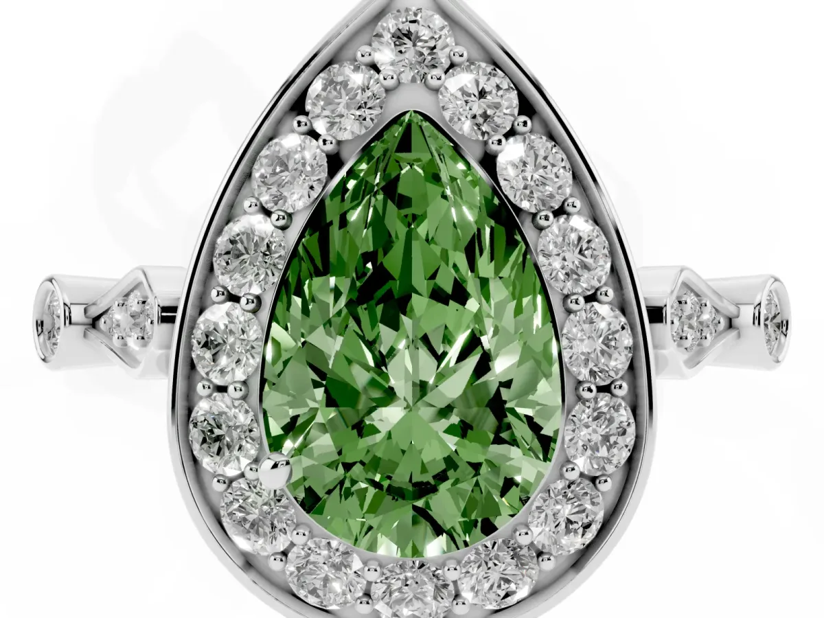 Fancy Green Pear Cut Halo Diamond Engagement Ring with Twisted Band and Four-Prong Setting Platinum