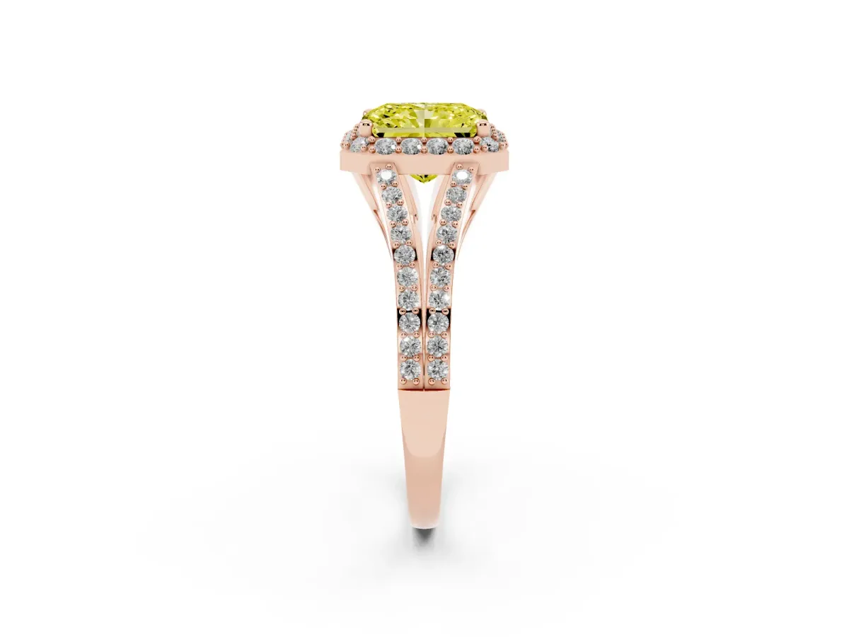 Fancy Yellow Radiant Cut Halo Split Shank Diamond Ring with Prong Setting Rose gold