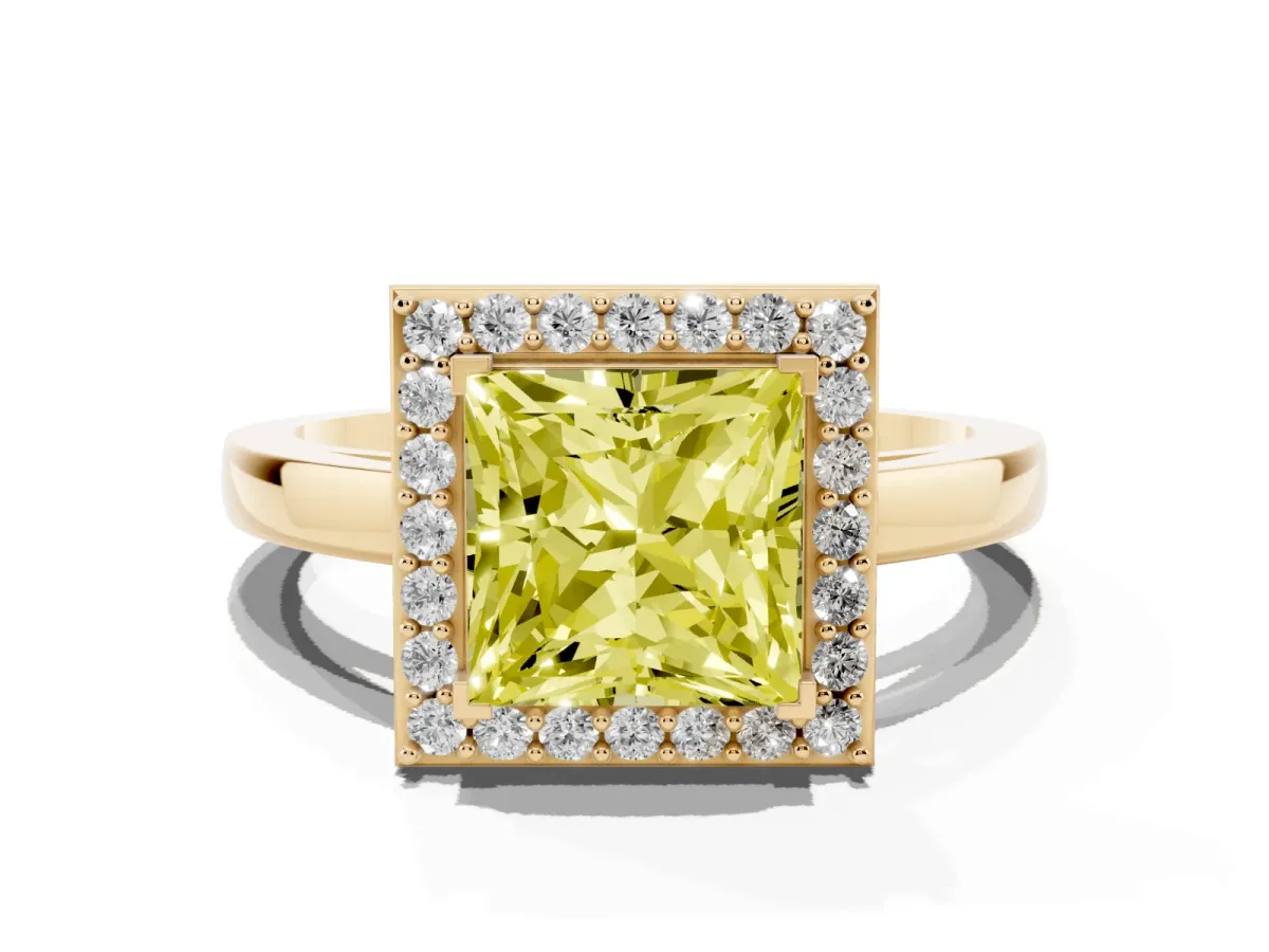 Fancy Yellow Princess Cut Halo Diamond Ring with Solitaire Band and Prong Setting Yellow gold
