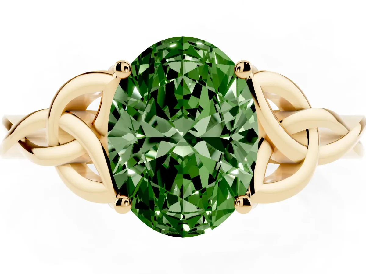 Fancy Green Oval Cut Diamond Solitaire Engagement Ring with Celtic Knot Band and Four-Prong Setting Yellow gold