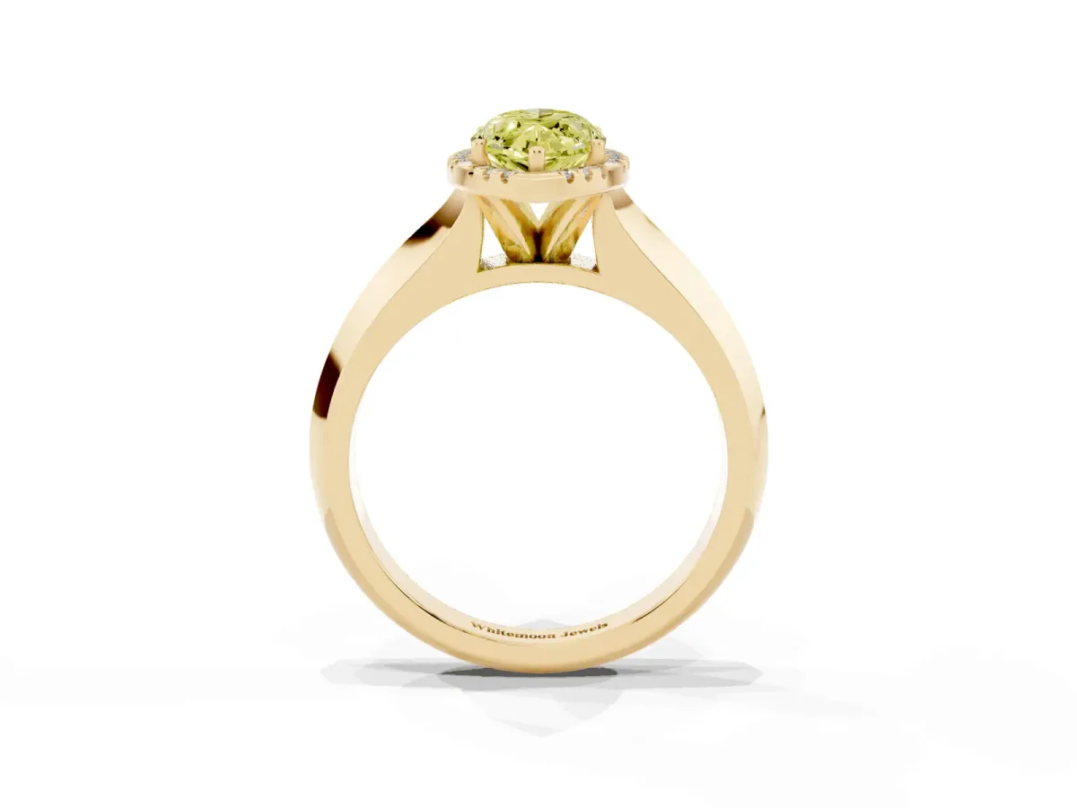 Fancy Yellow Marquise Cut Halo Diamond Ring with Cathedral Band and Four-Prong Setting Yellow gold