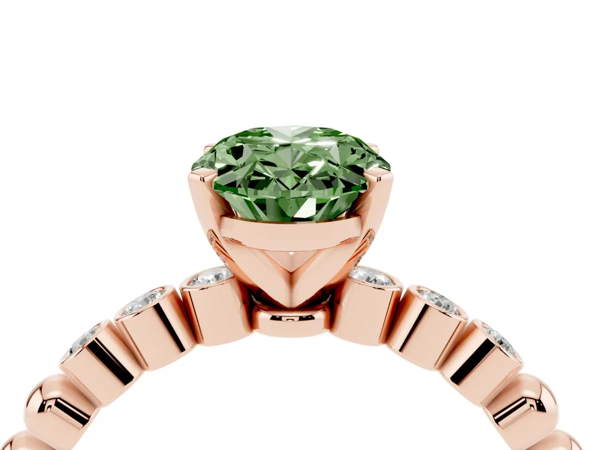 Fancy Green Oval Cut Solitaire Bezel Accent Diamond Engagement Ring with Beaded Band and Four-Prong Setting Rose gold
