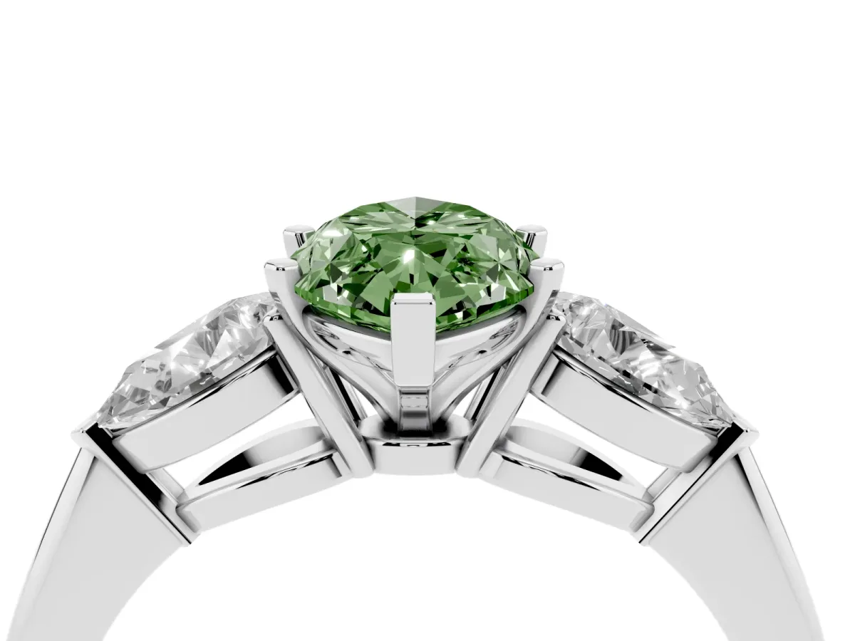 Fancy Green Three-Stone Marquise Cut Diamond Ring with Pear Side Stones and Four-Prong Setting Silver