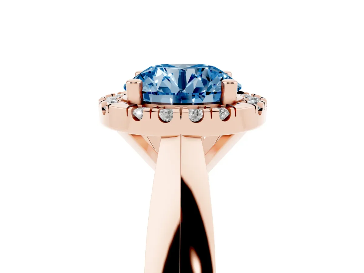 Fancy Blue Round Cut Cut Halo Solitaire Engagement Ring with Square Band and Four-Prong Setting Rose gold