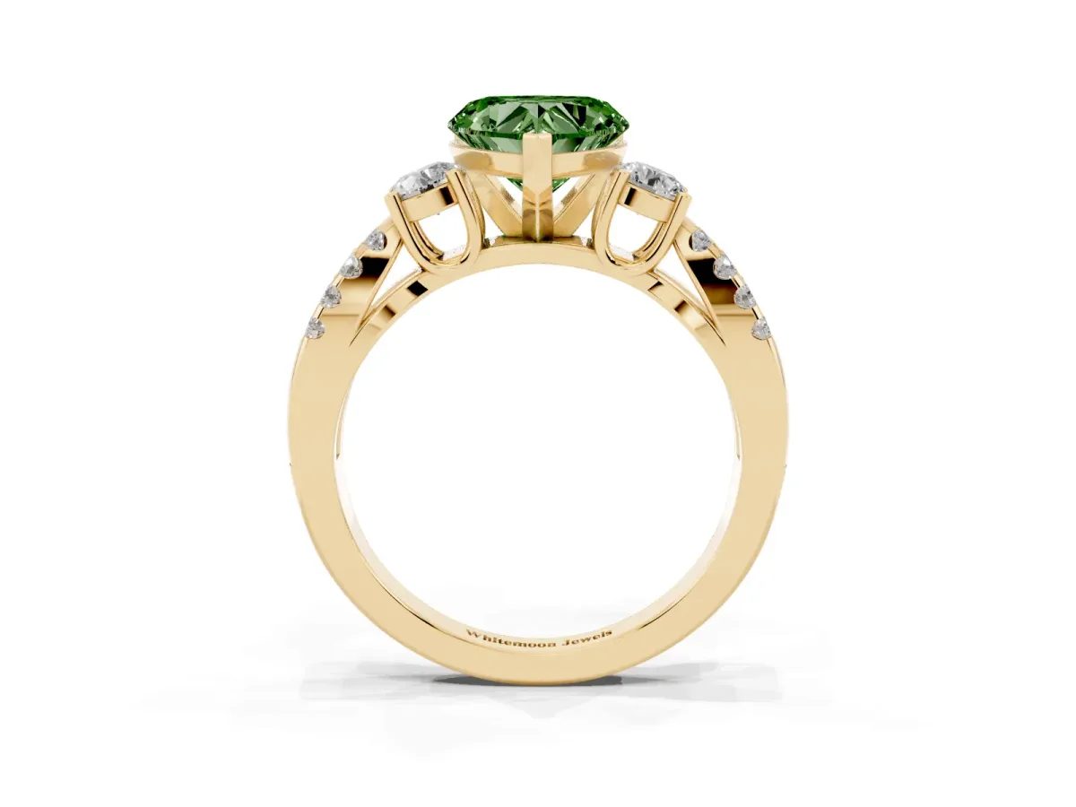 Fancy Green Heart Cut Diamond Three-Stone Ring with Pavé Split Shank and Four-Prong Setting Yellow gold