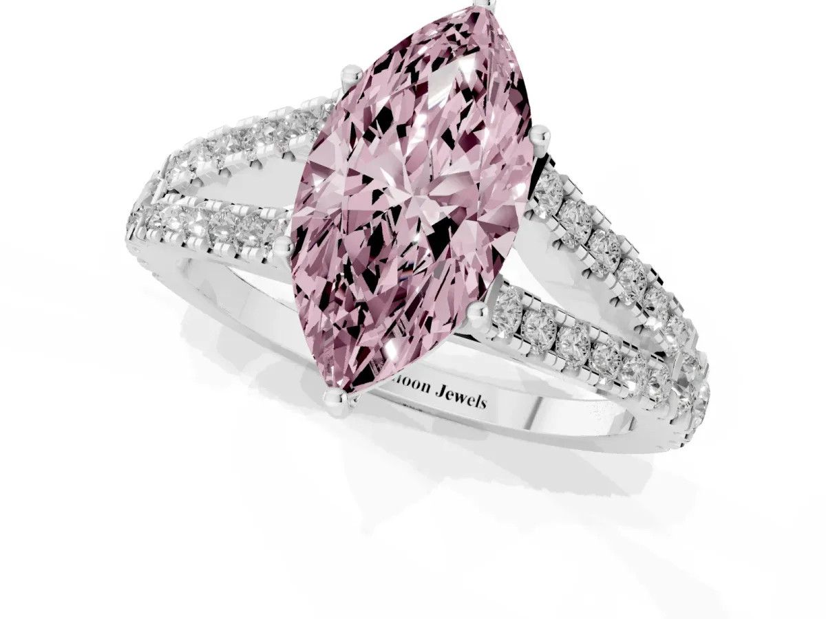 Fancy Pink Marquise Cut Diamond Split Shank Pavé Engagement Ring with Four-Prong Setting Platinum