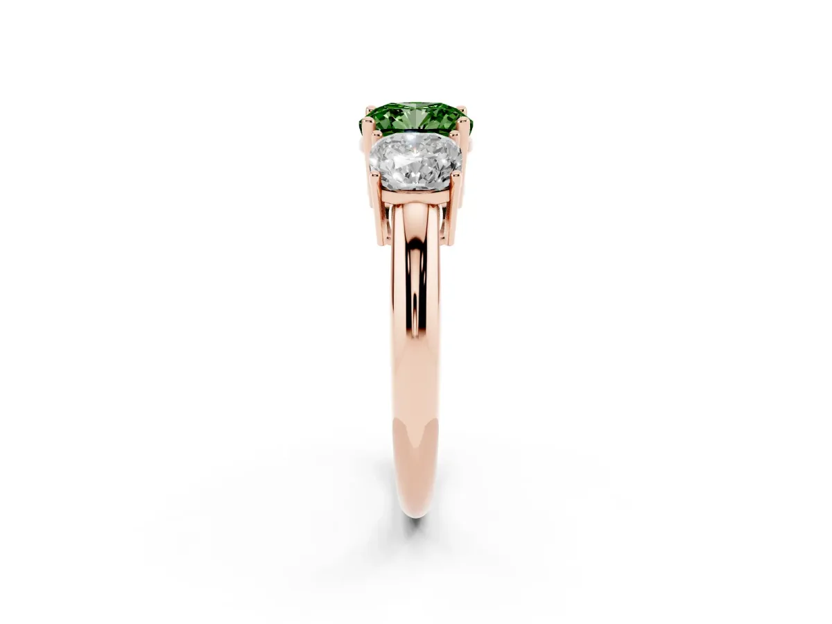 Fancy Green Three-Stone Cushion Cut Cut Diamond Engagement Ring with Prong Setting on a White Gold Band Rose gold