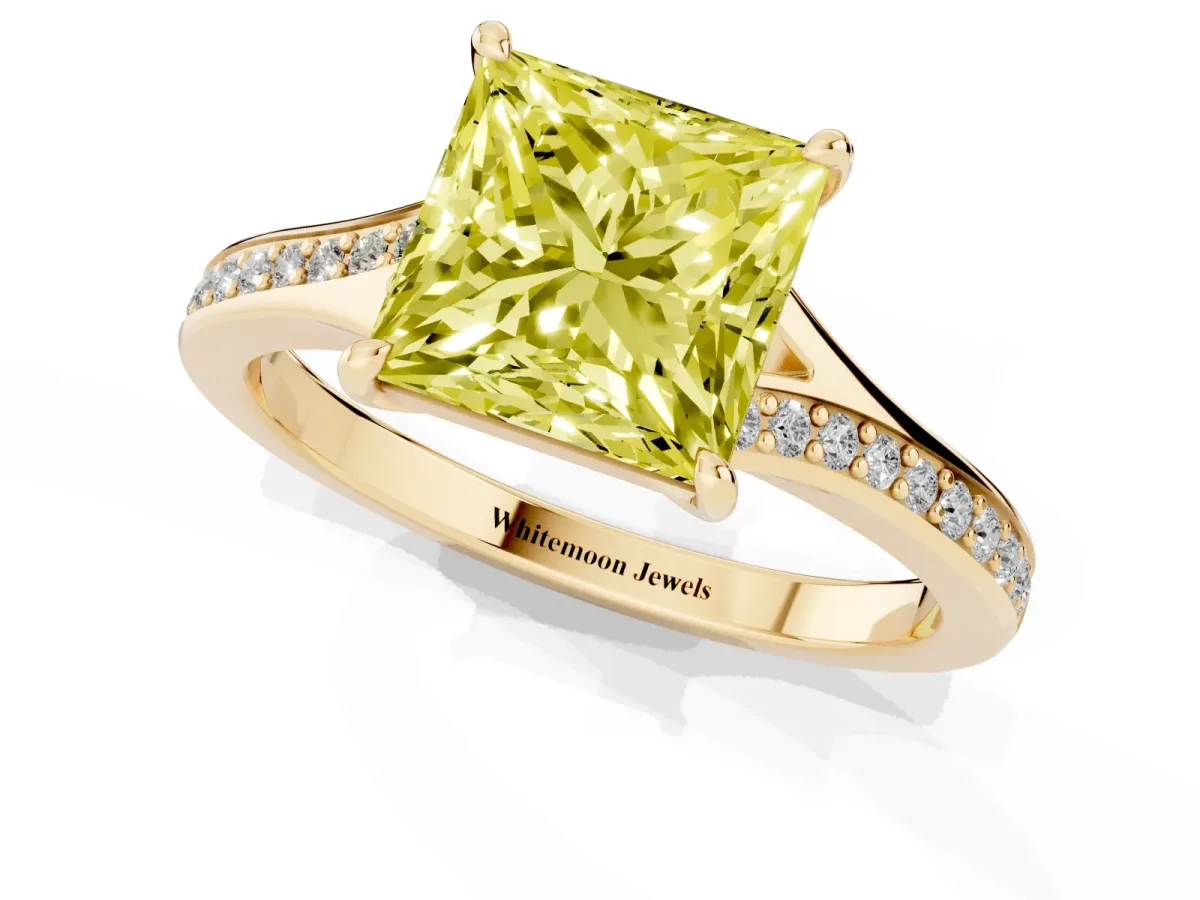 Fancy Yellow Princess Cut Diamond Solitaire Ring with Pavé Band and Prong Setting Yellow gold