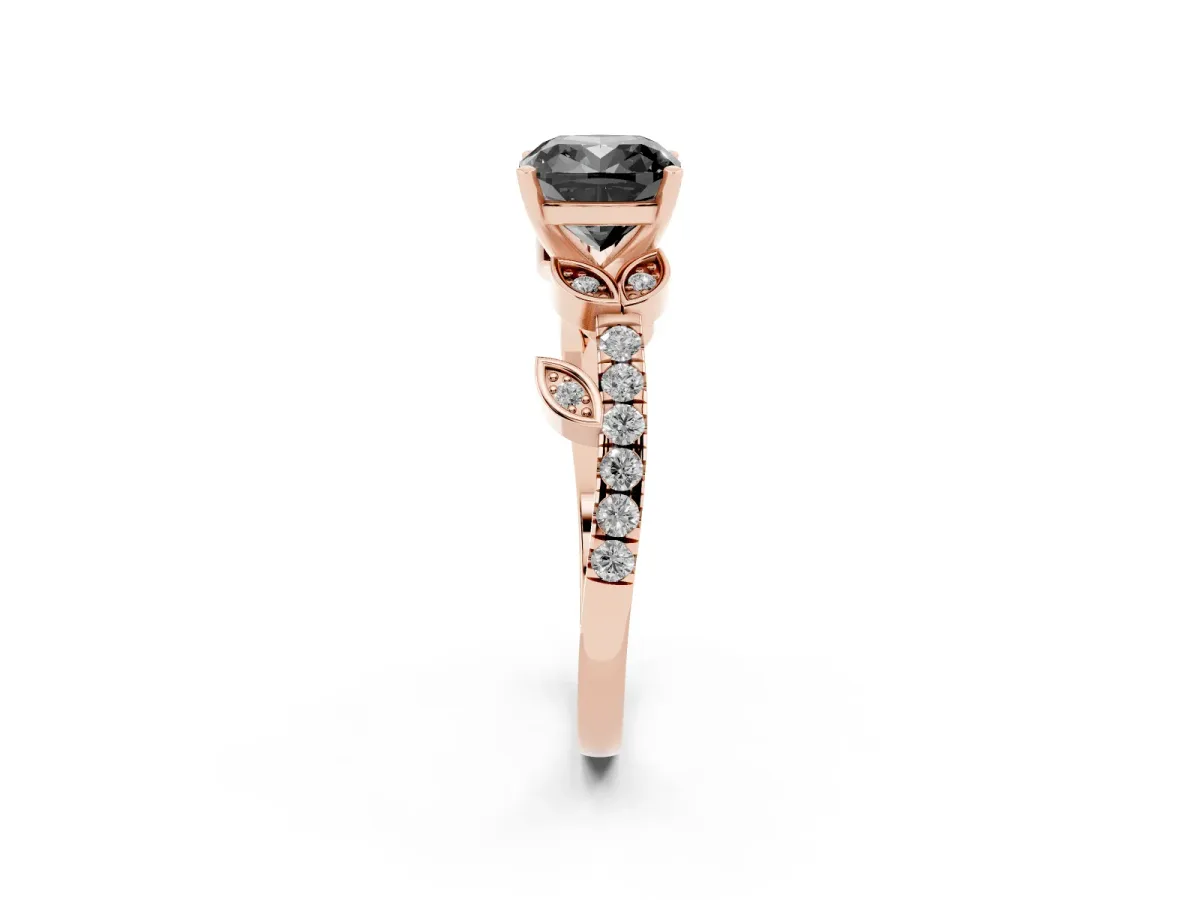 Fancy Black Cushion Cut Solitaire Leaf-Inspired Diamond Ring with Pavé Band and Four-Prong Setting Rose gold